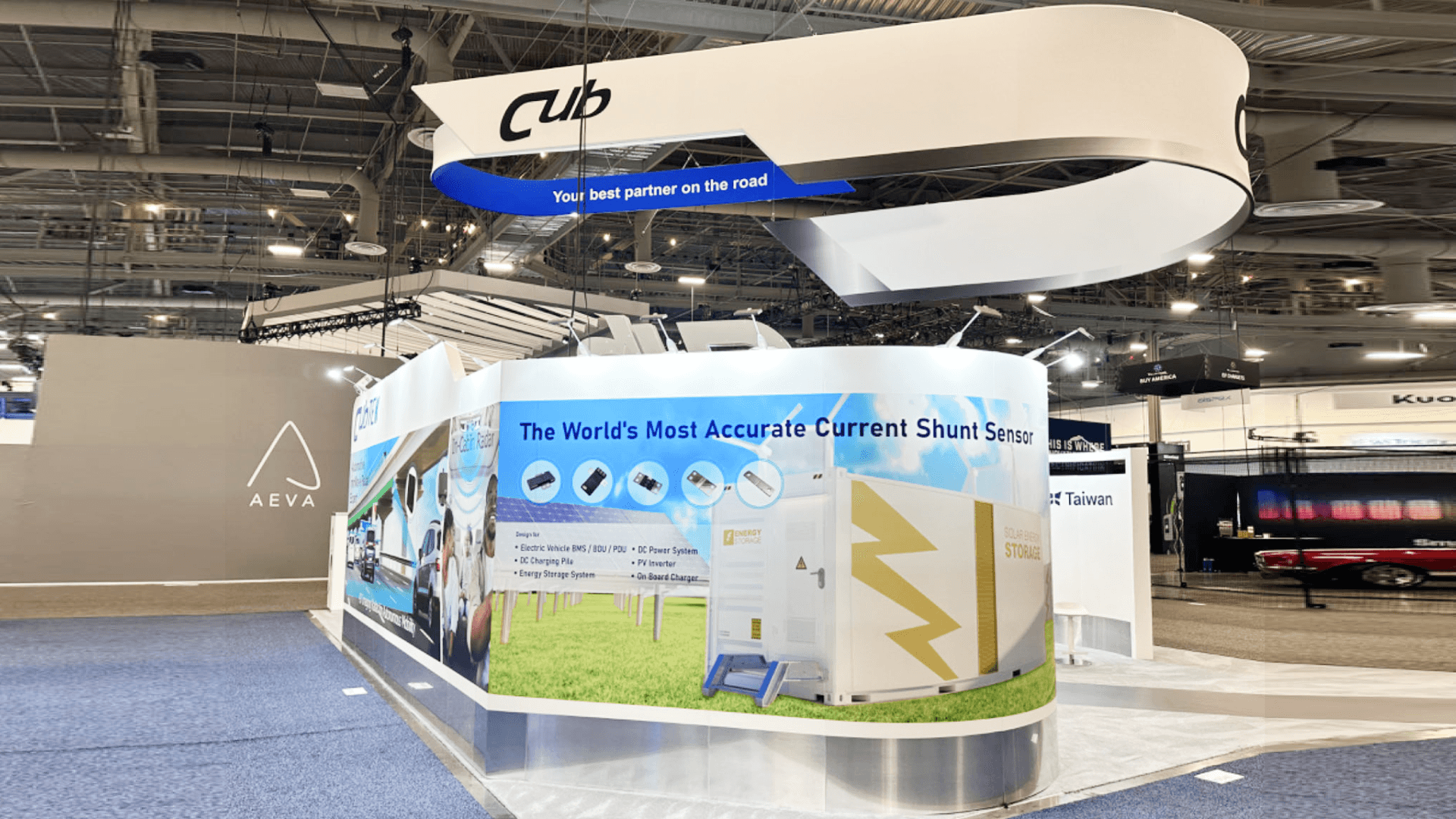 Detailed graphic wall showcasing "Current Shunt Sensor" technology for energy storage systems.