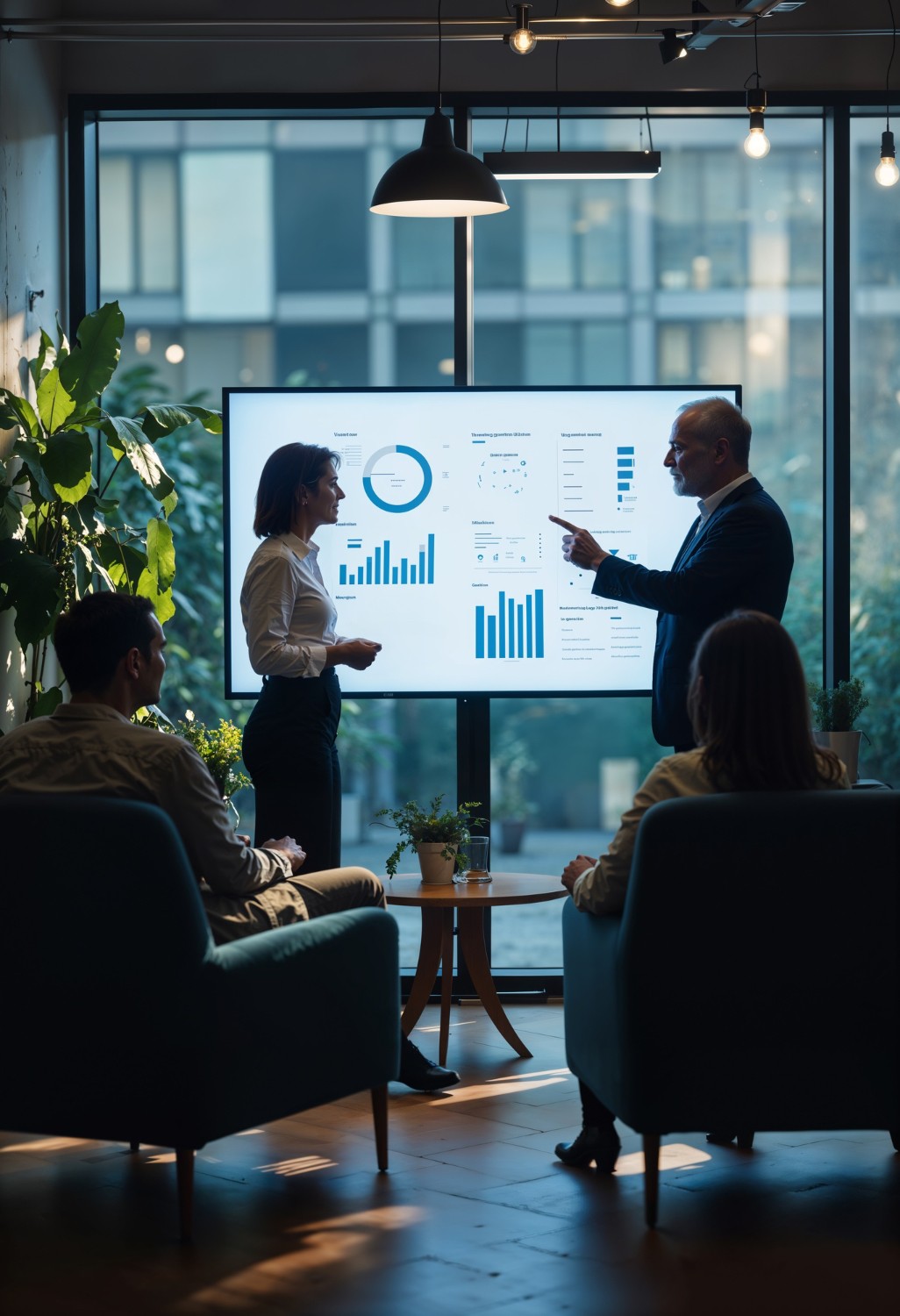 A manager using a digital dashboard to monitor maintenance efficiency and cost savings.