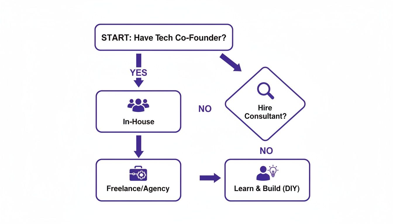 A flowchart outlines tech development strategies for startups: co-founder, in-house, freelance, consultant, or DIY.