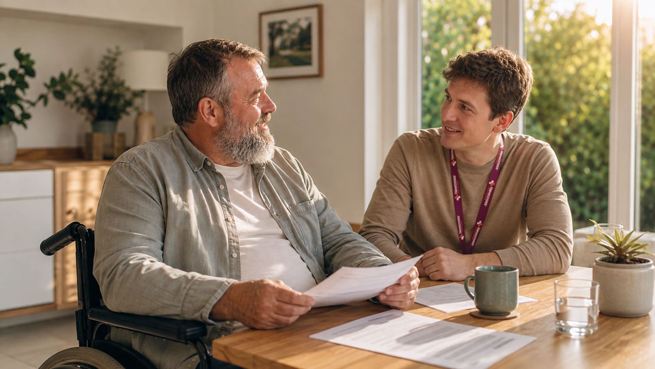 Care at home support worker talking with a client in a wheelchair at his kitchen table.
