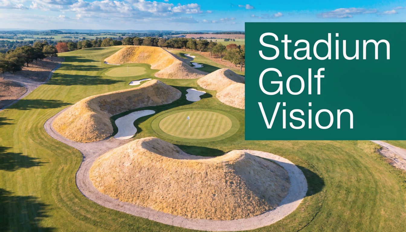 An aerial view of a uniquely designed golf course featuring dramatic grassy mounds and sandy bunkers.
