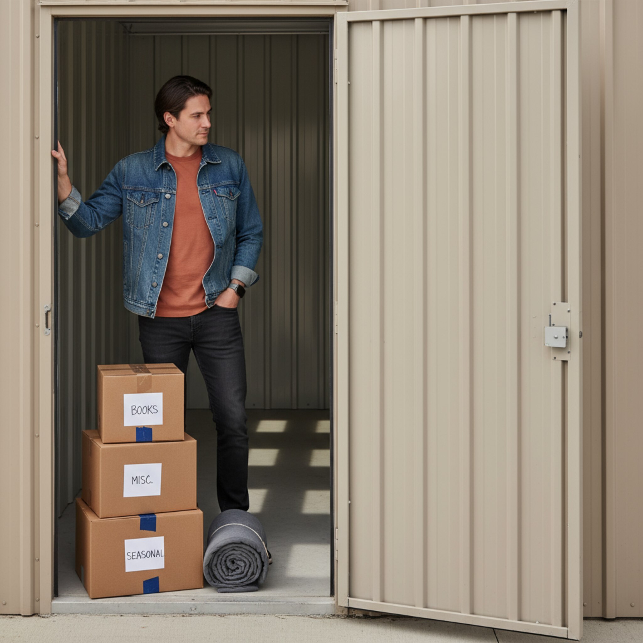 Eine Person öffnet eine frisch lackierte Lagertür und hält kurz inne, um den Raum zu begutachten. Ein kleiner Stapel sauber beschrifteter Kartons steht bereit, daneben eine zusammengerollte Schutzdecke. Das Licht fällt flach auf den glatten Boden. Die Szene wirkt reibungslos, geordnet und startklar.