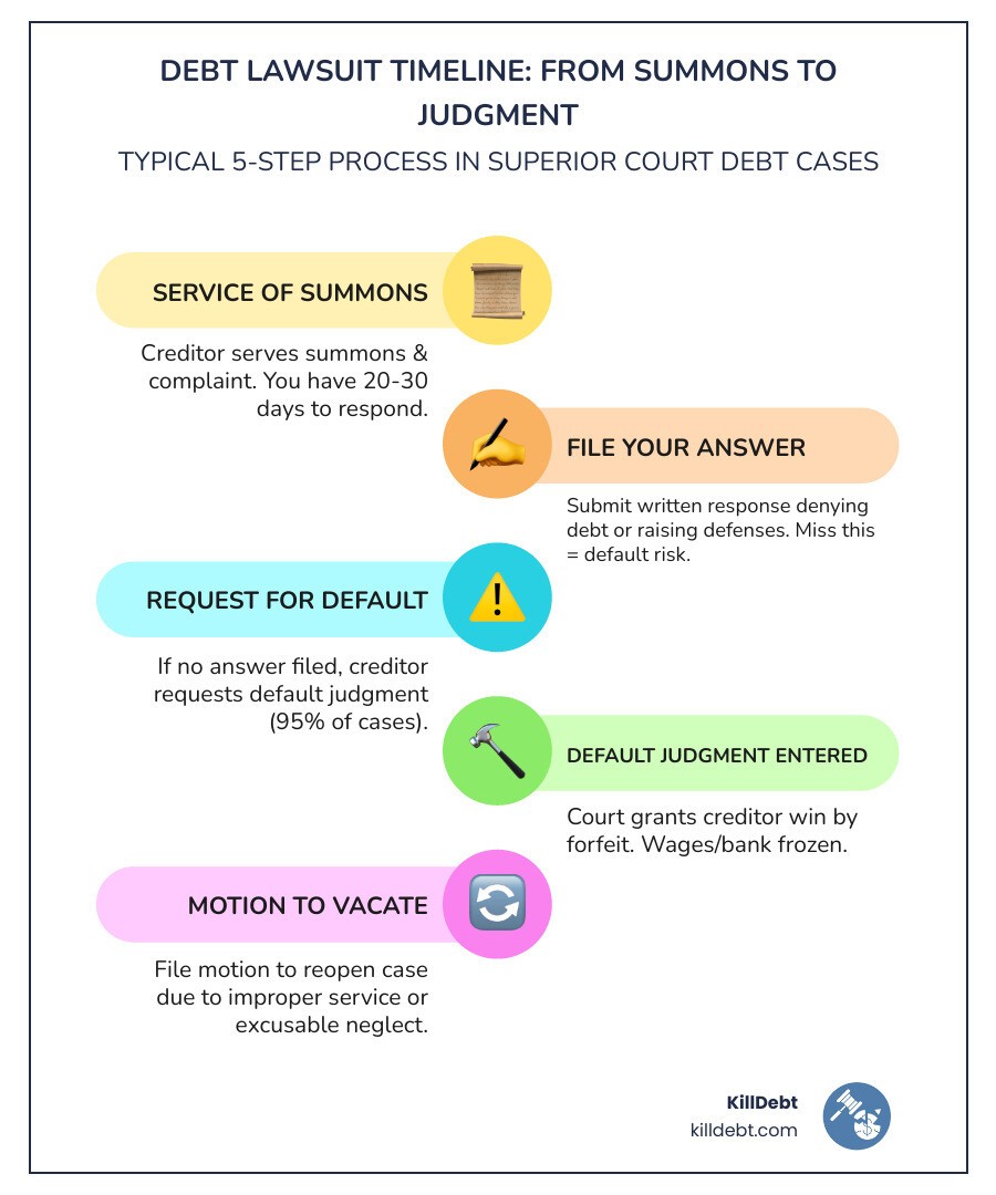 Debt lawsuit timeline from summons to default judgment to motion to vacate - superior court debt motion infographic