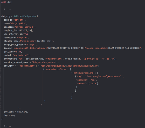 Screenshot of a code snippet for a GKEStartPodOperator configuration in an Airflow DAG definition. It includes parameters such as task ID, project ID, location, and Docker image URL with placeholders for project and version IDs. It specifies a Kubernetes service account, node affinity with a cloud node pool, and environmental variables