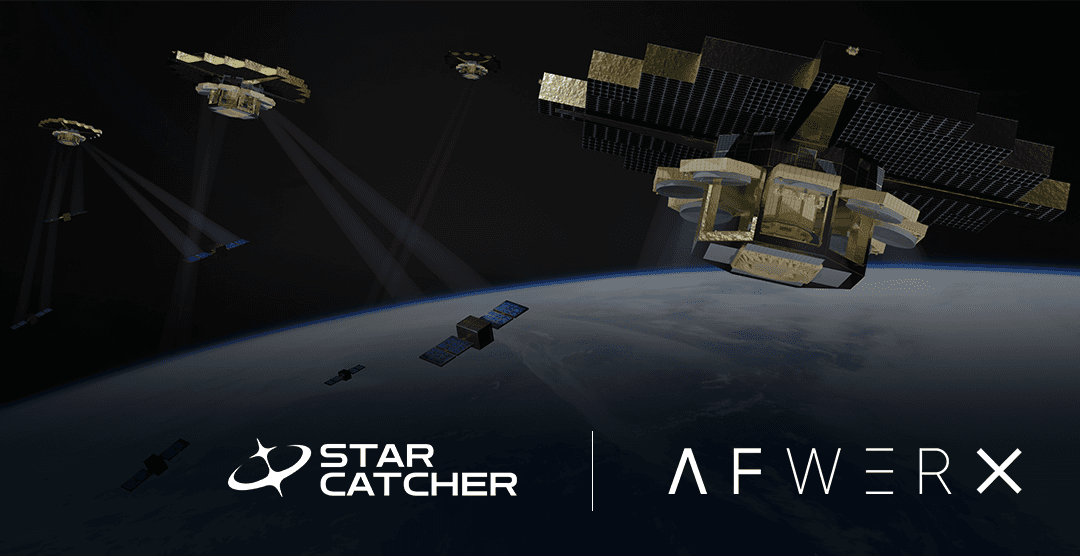 Star Catcher Network wirelessly transmitting optical power to client satellites in LEO with Star Catcher and AFWERX logos