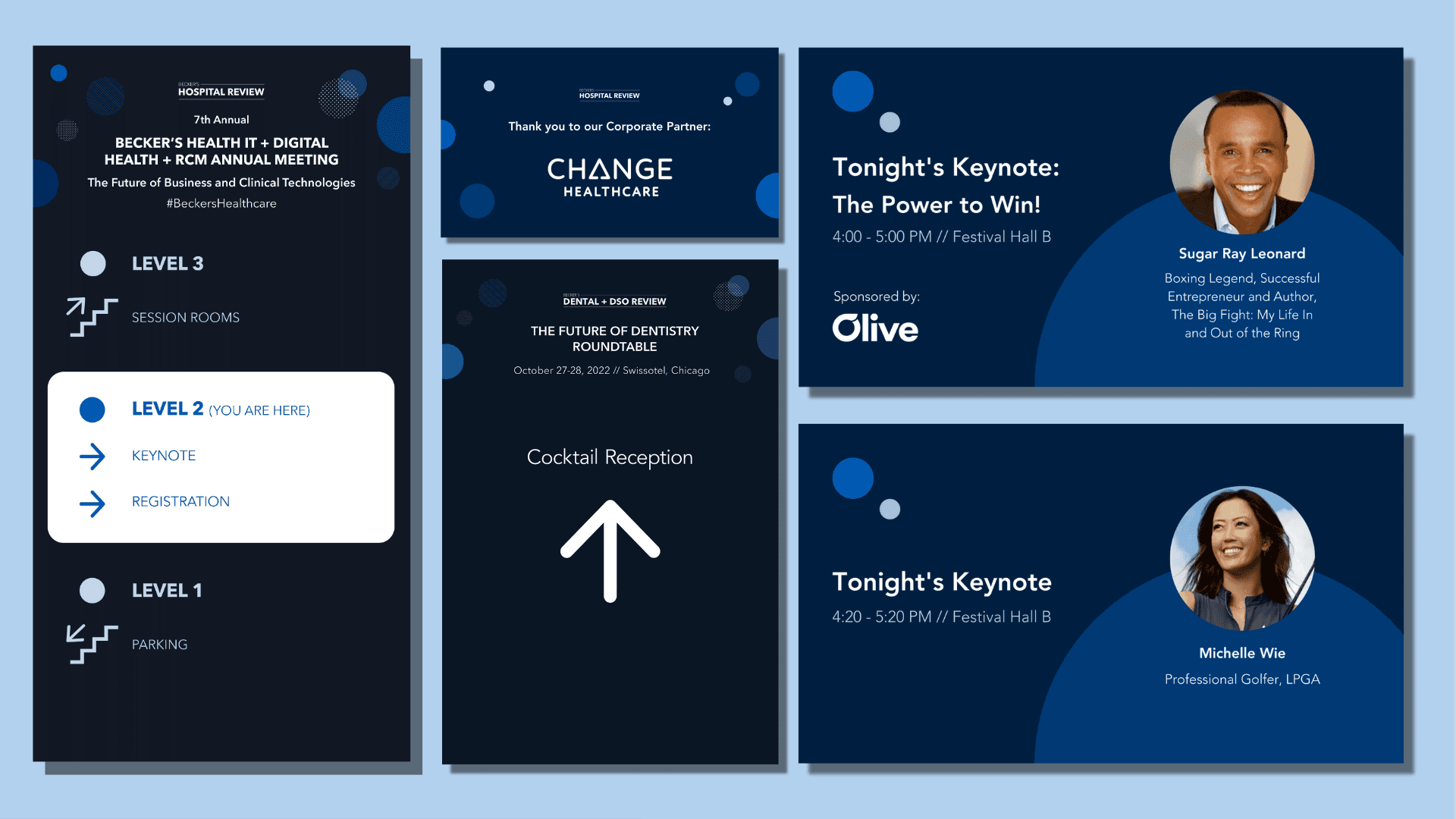 Becker's Healthcare digital signage with level directory and keynote speaker cards