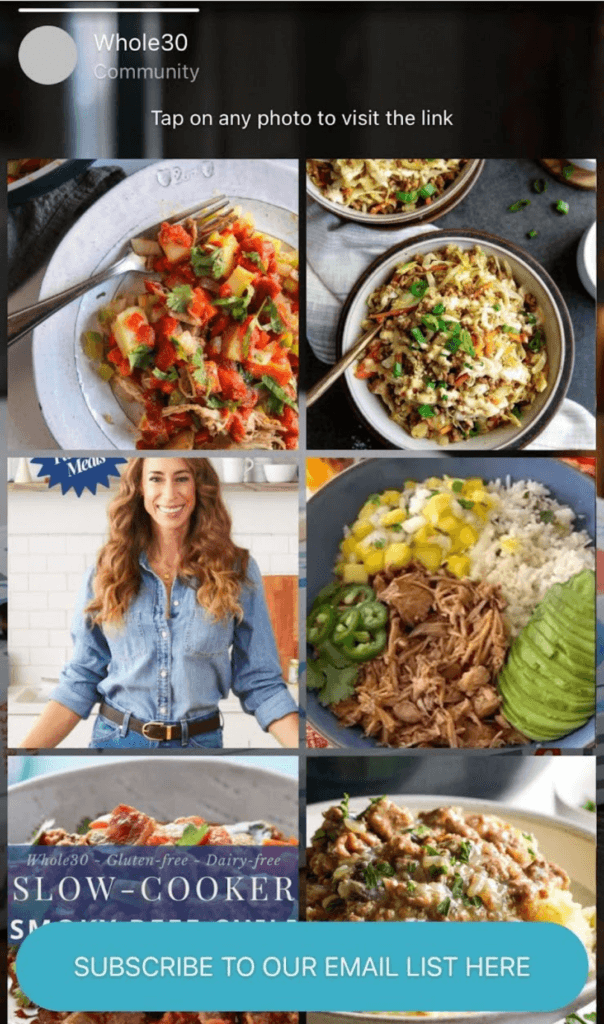 @Whole30's Tap Bio link in bio landing page showcasing an image grid.