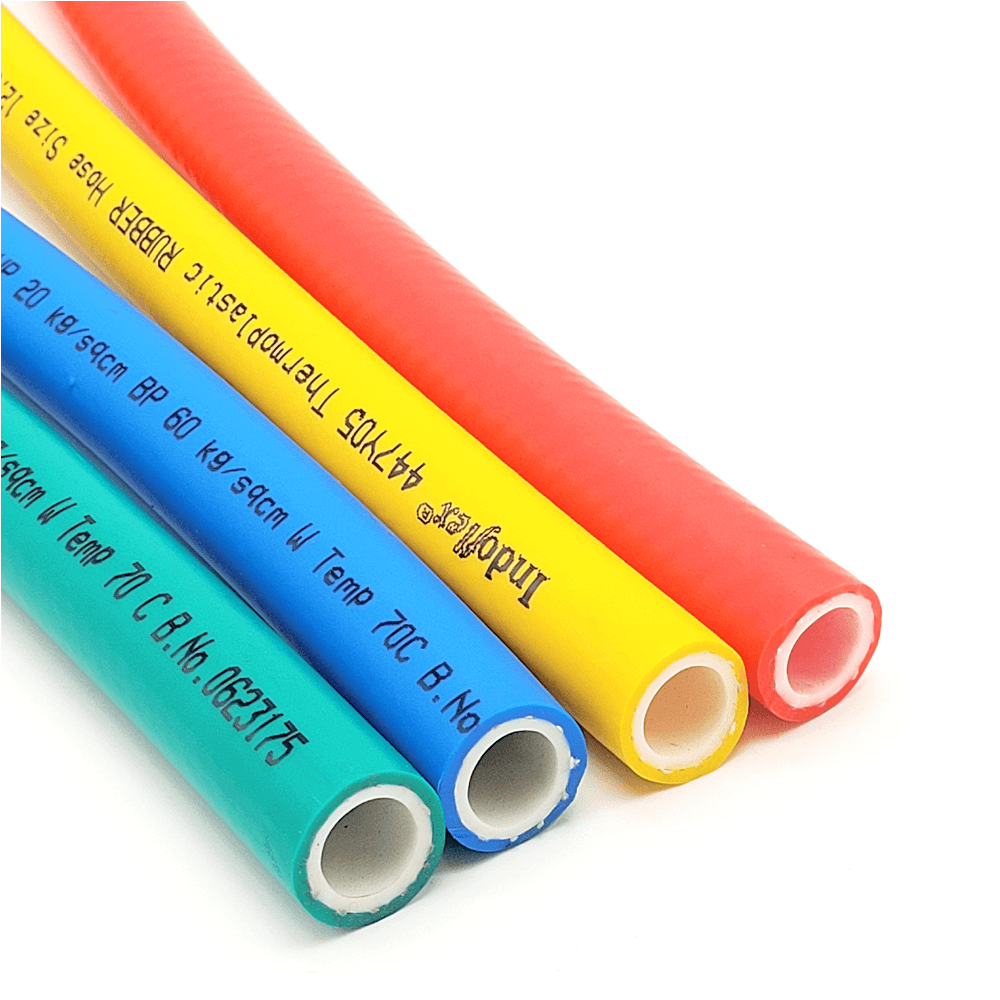 Green, Blue, Yellow and Red Rubber hose kept besides each other with crossection visible