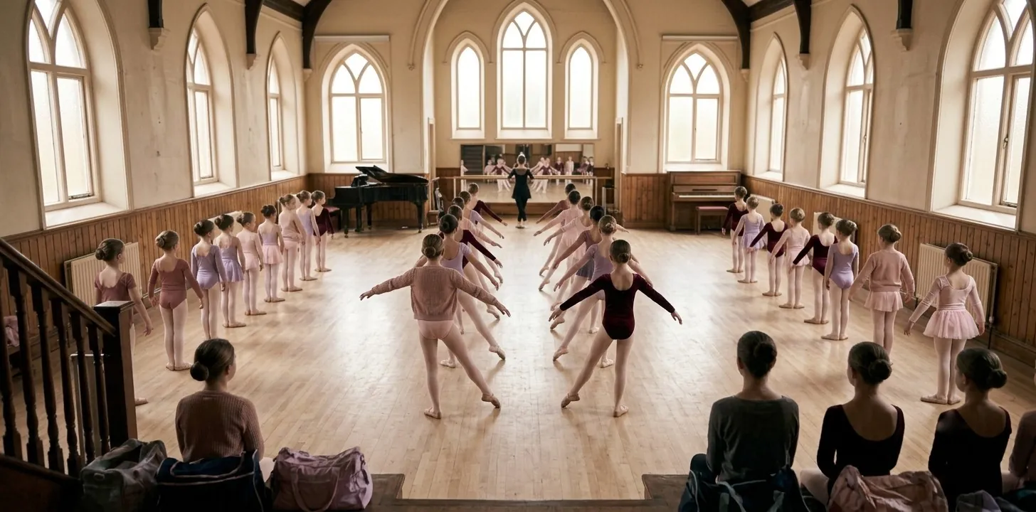 A ballet class in the main studio seen from the back of the chapel hall