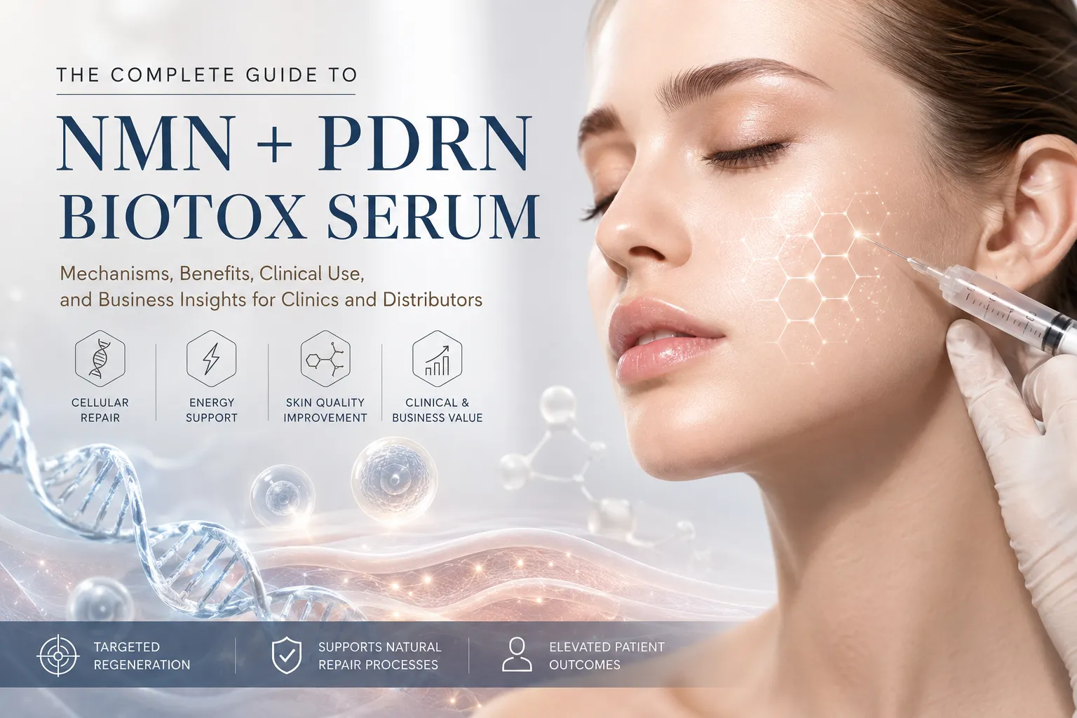 NMN and PDRN biotox serum guide showing a woman receiving a facial injection, with DNA and cellular regeneration visuals.