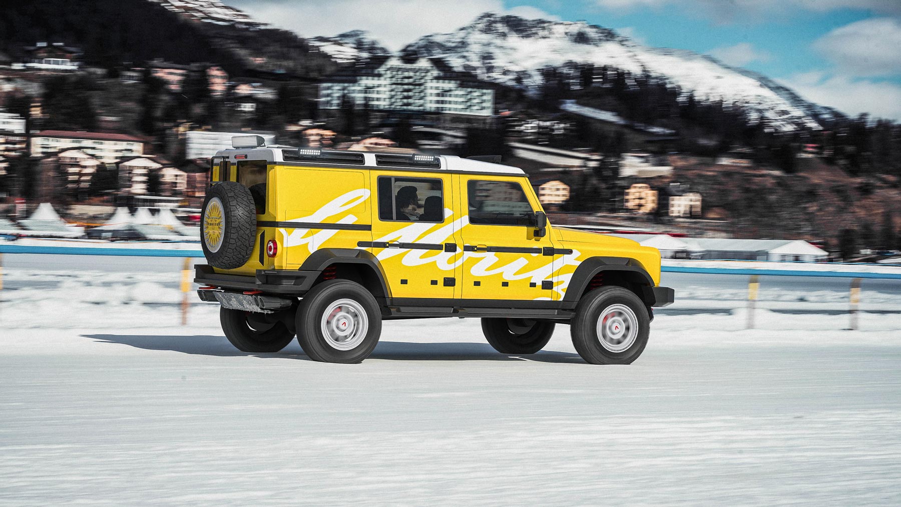 Photo of the INEOS Grenadier on ice in yellow, 3/4 rear view