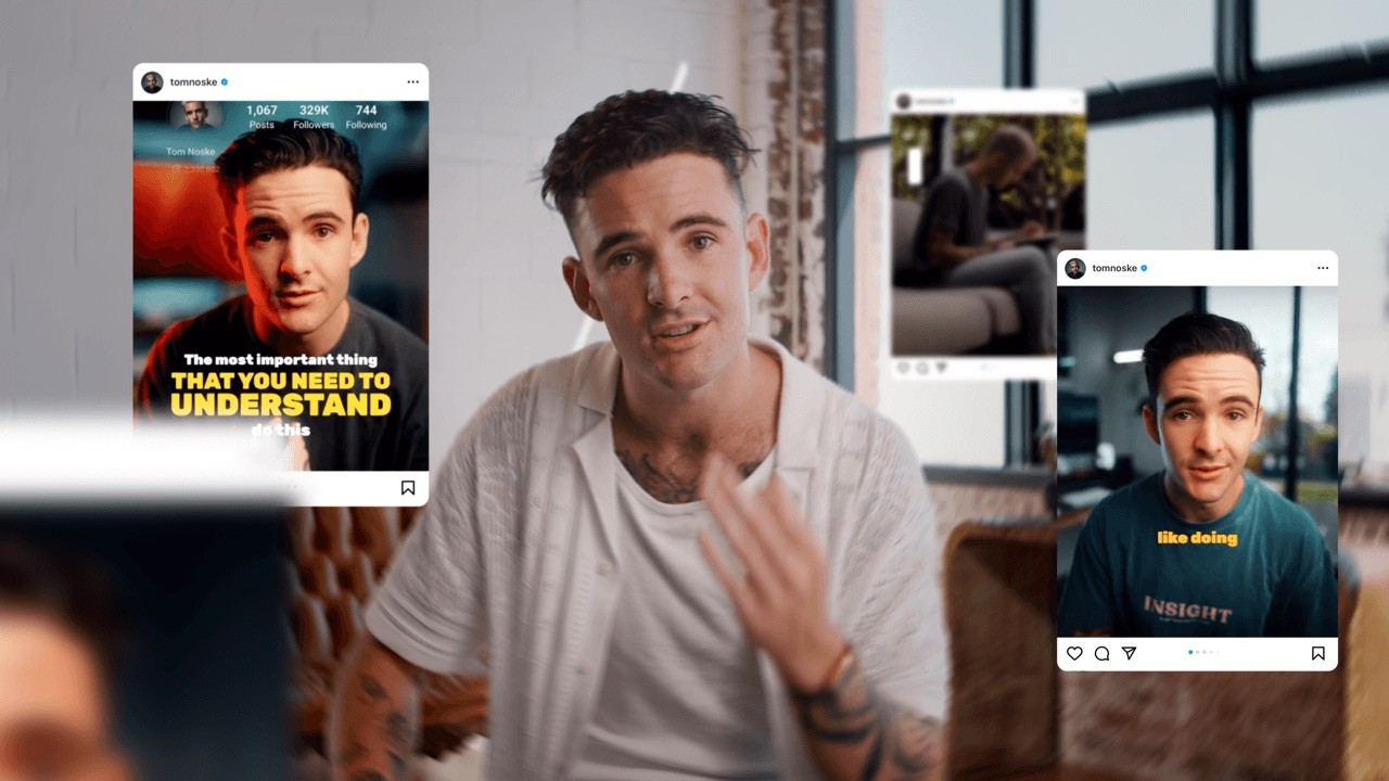 Tom Noske with different instagram posts of himself around him