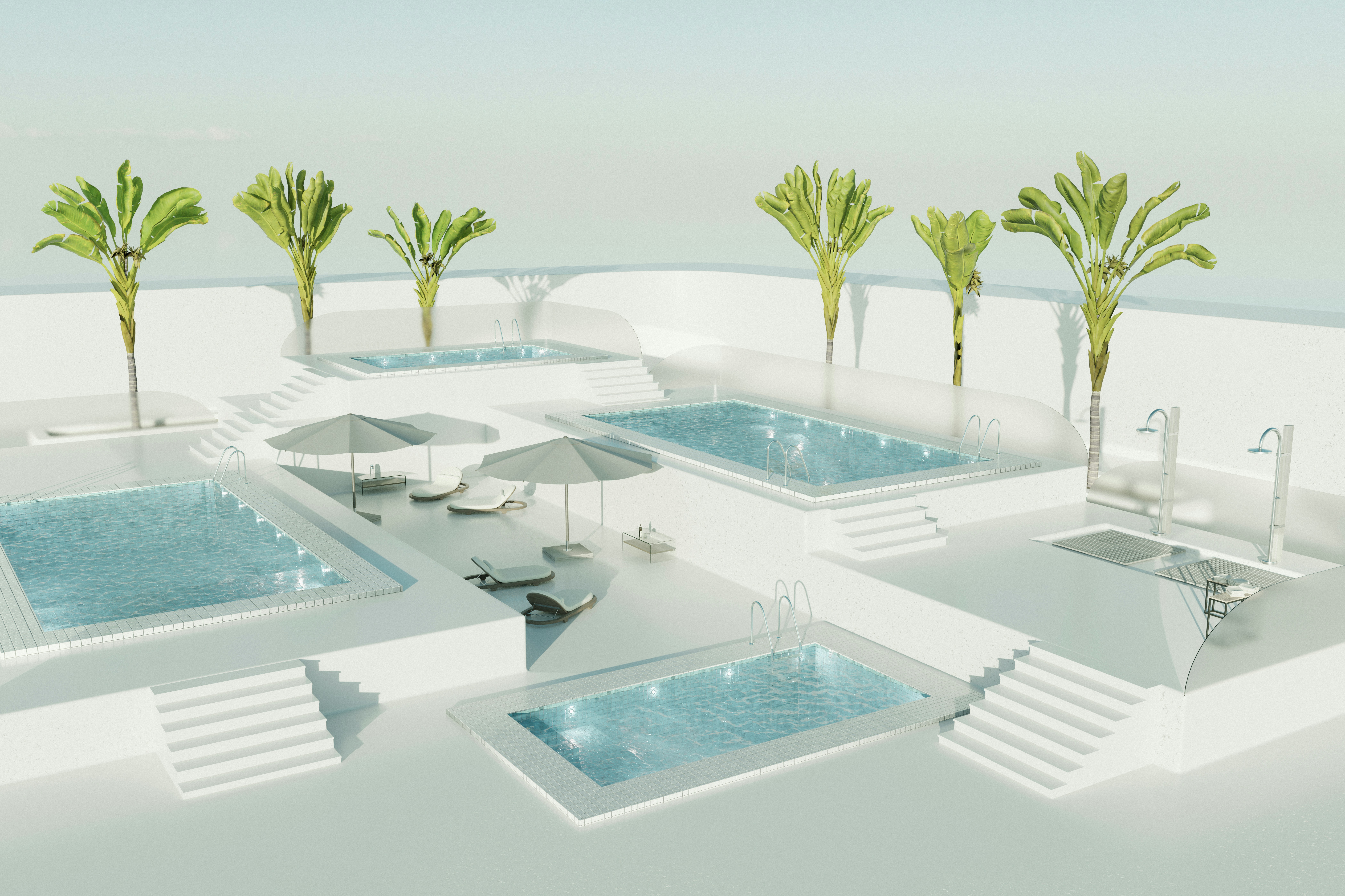 A rendering of a swimming pool with palm trees