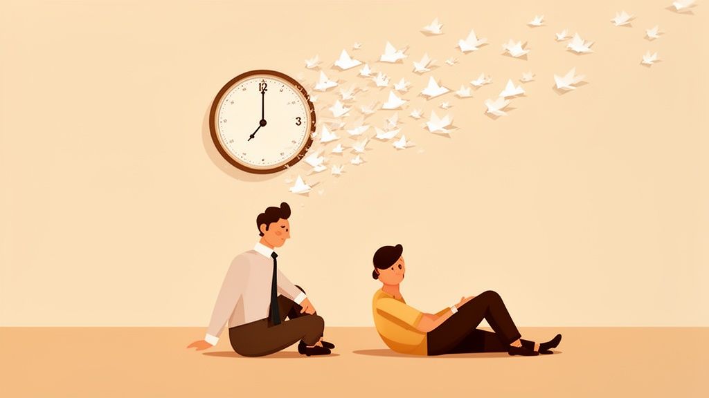 Two people sit as paper birds fly from a clock, illustrating time passing.