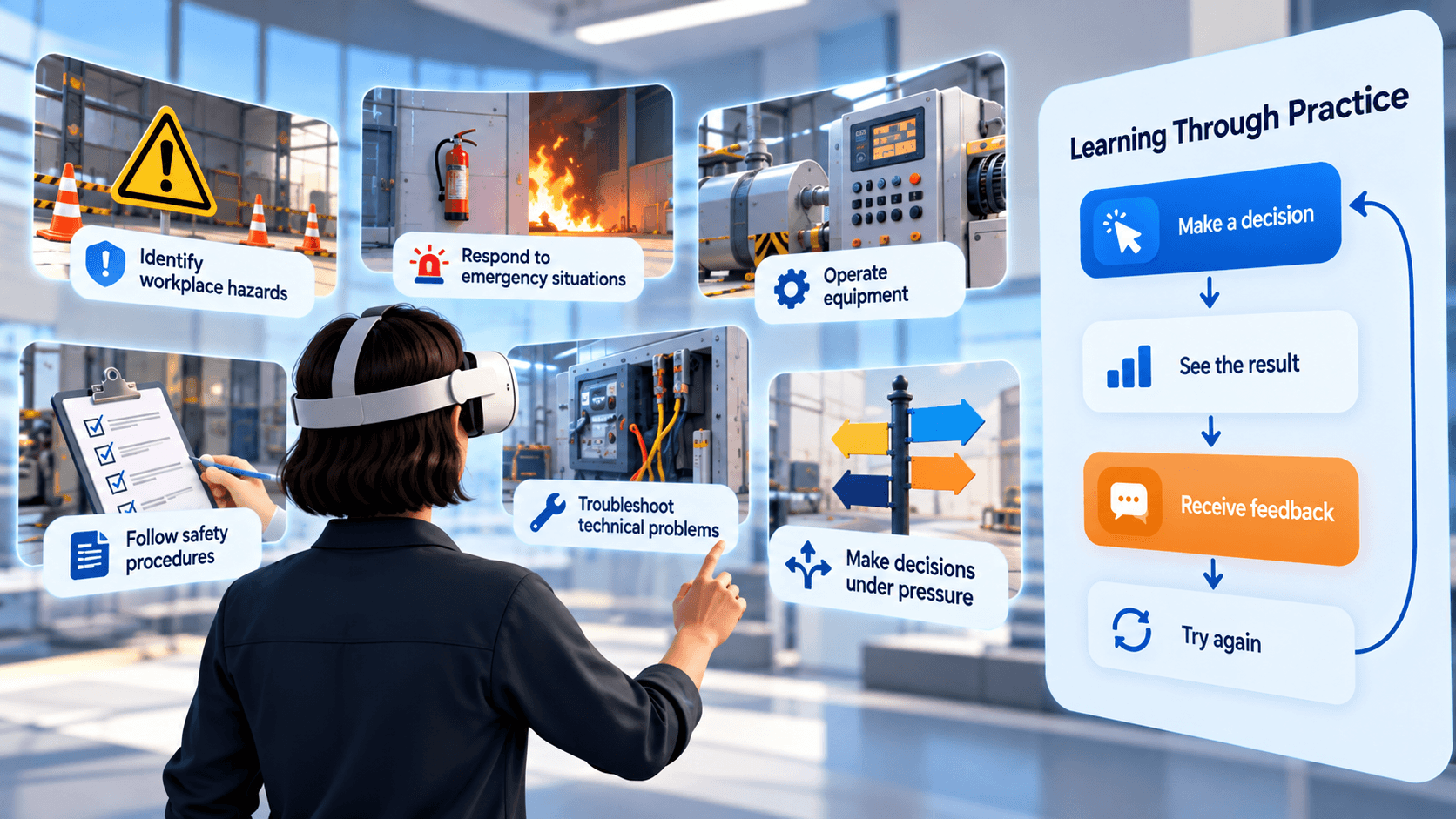VR employee training with workplace safety and realistic practice scenarios.