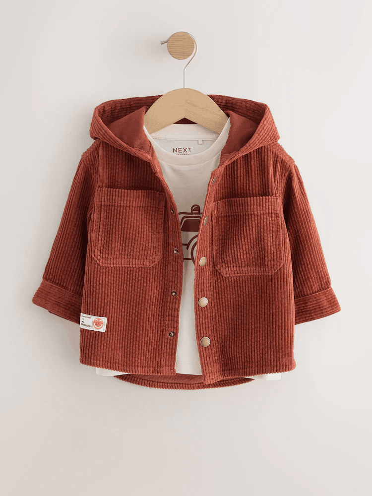 Tiny Dudes - Next - Rust Red Hooded Corduroy Overshirt & T-Shirt Set 2 Piece (3mths-7yrs) €34 - €40