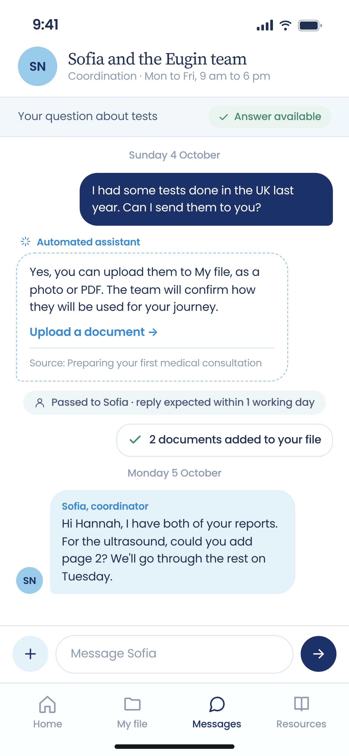 Eugin patient space v0.3: Messages with the assistant and Sofia, the coordinator
