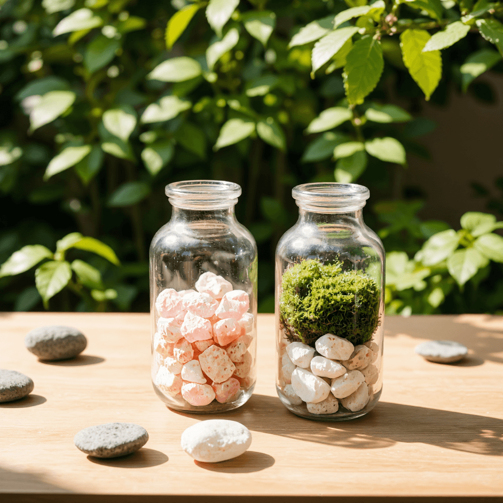 product photography of a jar of decorative stones