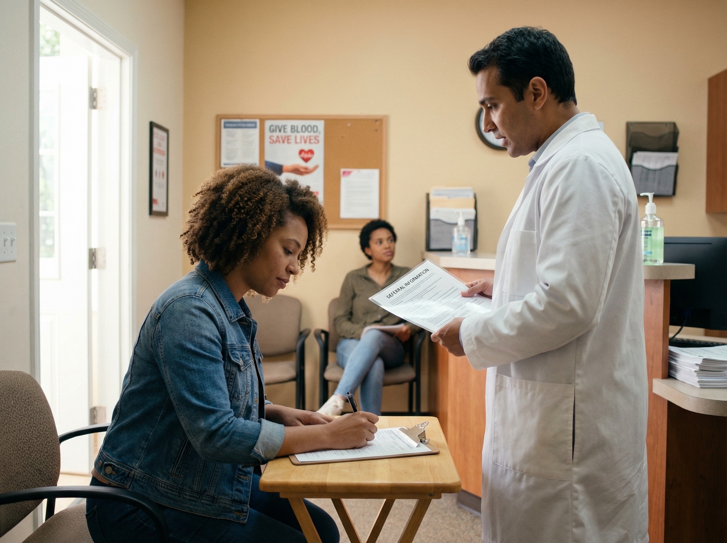 Eine Spenderin füllt konzentriert einen kurzen Gesundheitsfragebogen auf Papier aus, ein Arzt erklärt freundlich eine Sperrfrist auf einem laminierten Infoblatt. Im Hintergrund sitzt ein weiterer Spender in Warteposition. Das Bild vermittelt Vorbereitung, Aufklärung und Sicherheit. Licht fällt weich durch die Tür und betont den ruhigen Moment.