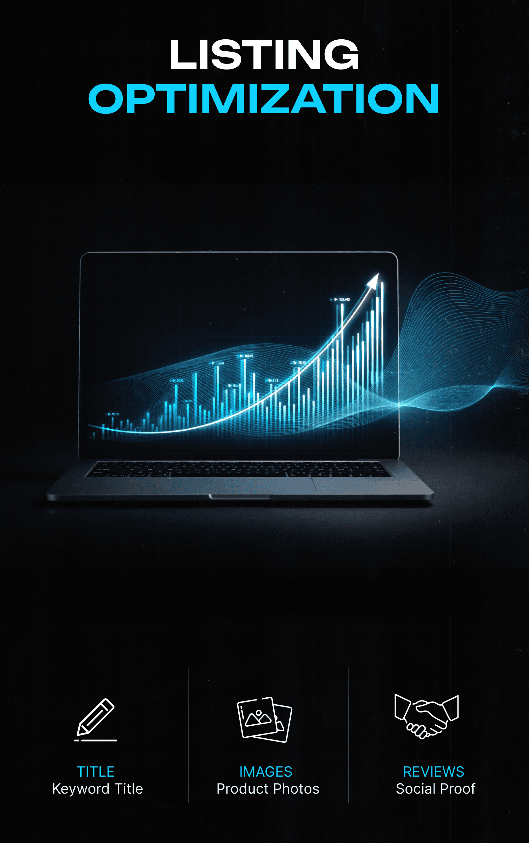 Two people discussing an Amazon product listing for a backpack on a laptop screen in a modern office setting