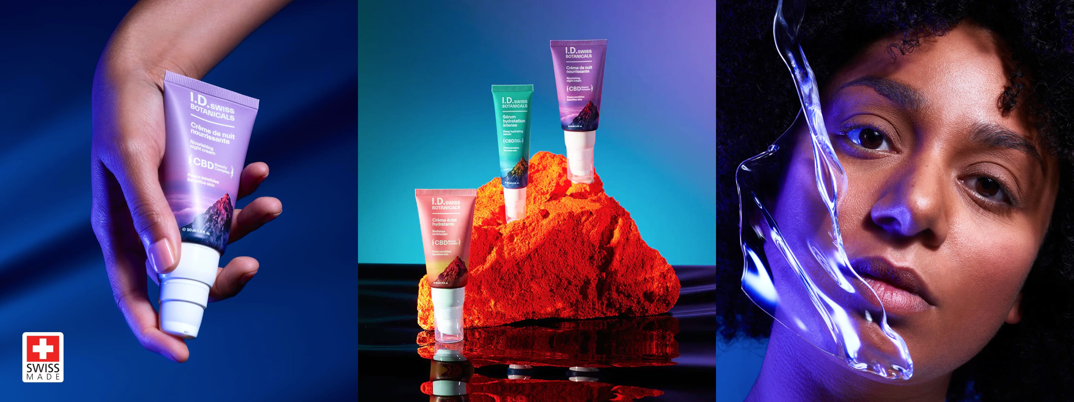 I.D. Swiss Botanicals premium CBD skincare products showcased through vibrant campaign visuals highlighting Swiss-made quality and modern cosmetic design