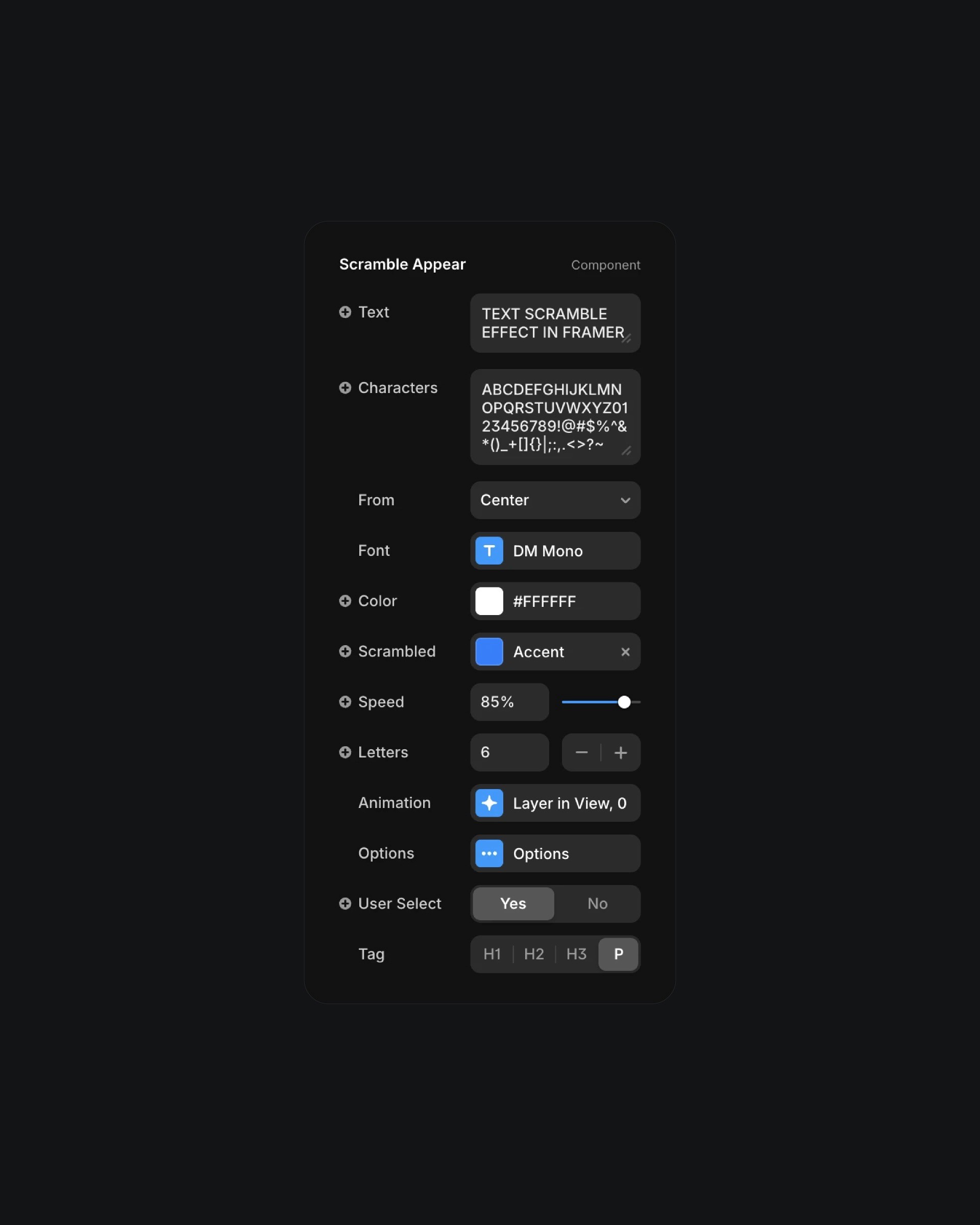 Settings panel for text scramble effect in Framer, with options for text, characters, font, color, and animation speed