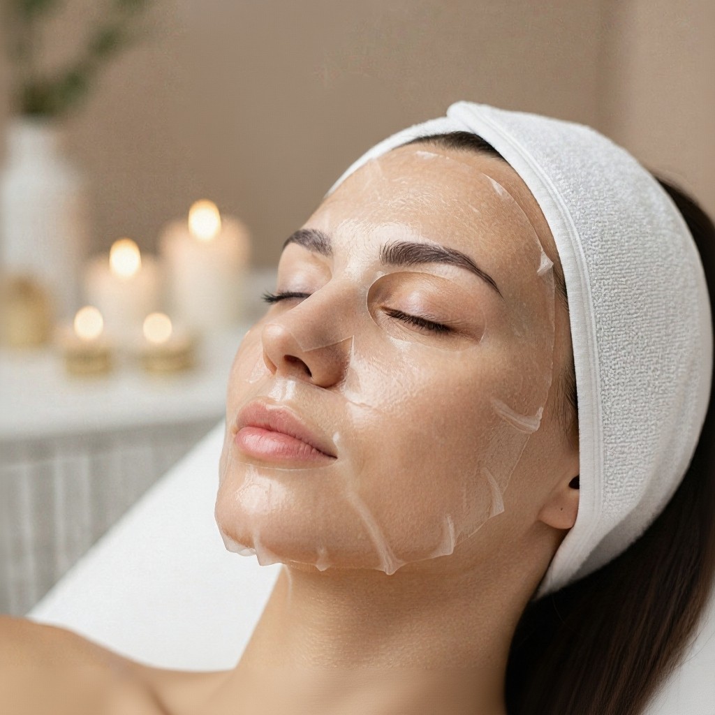 A woman enjoying a luxury facial treatment at Havie & Moon in Dubai Hills Estate, her skin softly glowing under steam and candlelight. The warm tones, gentle lighting, and calm expression reflect the essence of radiance and relaxation.