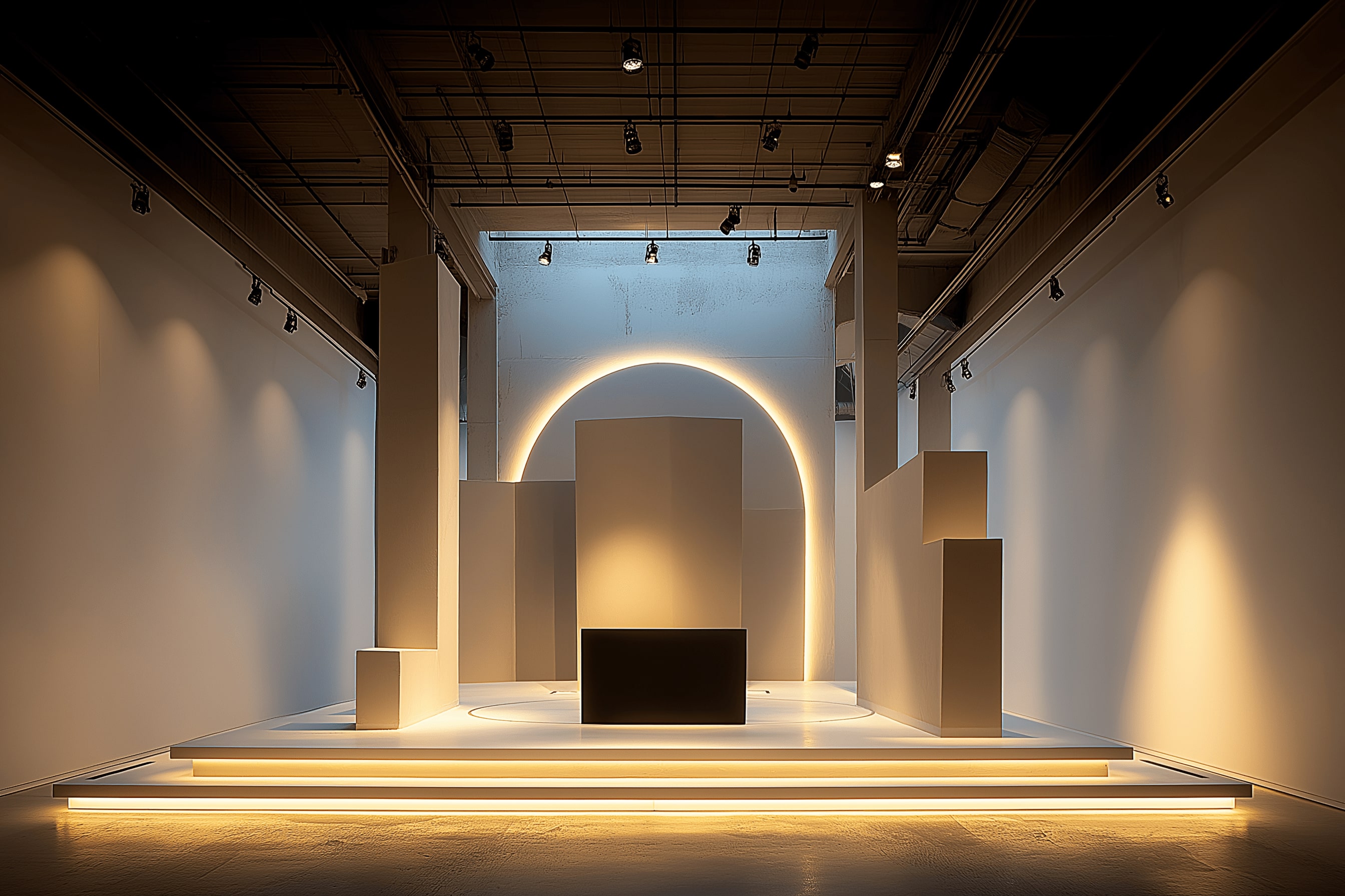architectural exhibition in center of a room of a museum
