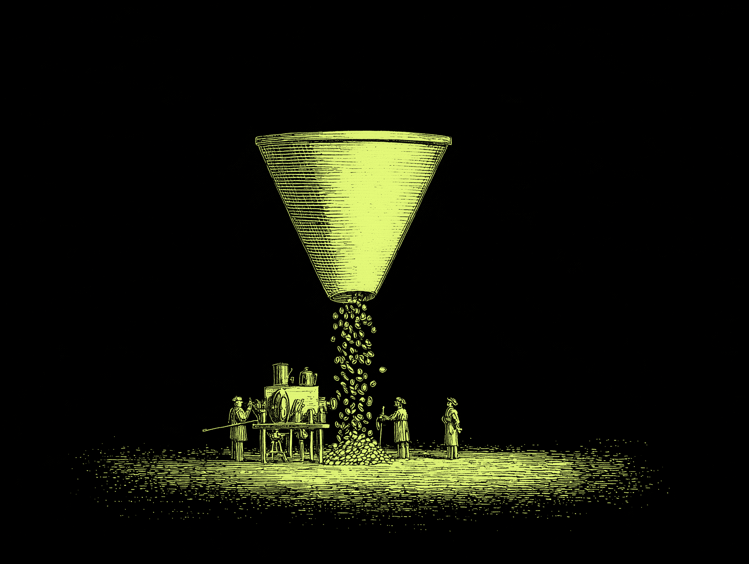 Ilustración de un gran embudo que canaliza recursos hacia un grupo de personas y una máquina, representando un sistema estructurado de ventas B2B.