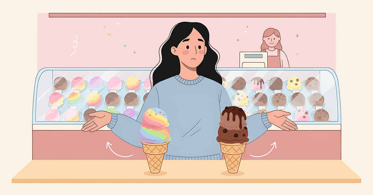 Illustrated young woman with long black hair standing at an ice cream counter, looking indecisive with arms open, choosing between two ice cream cones - one colorful rainbow swirl and one chocolate with cookie pieces. A glass display case full of ice cream flavors is behind her, with a smiling server in the background. Warm cream background, flat painterly style, variable linework.