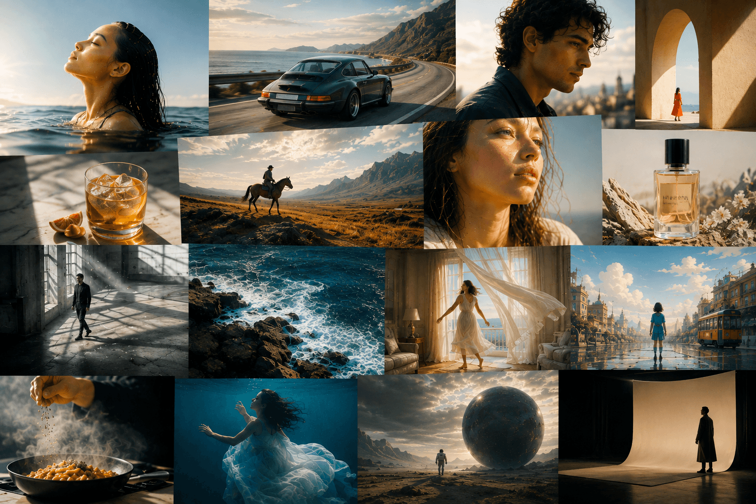 Editorial campaign collage combining lifestyle, automotive, portrait, landscape and product imagery