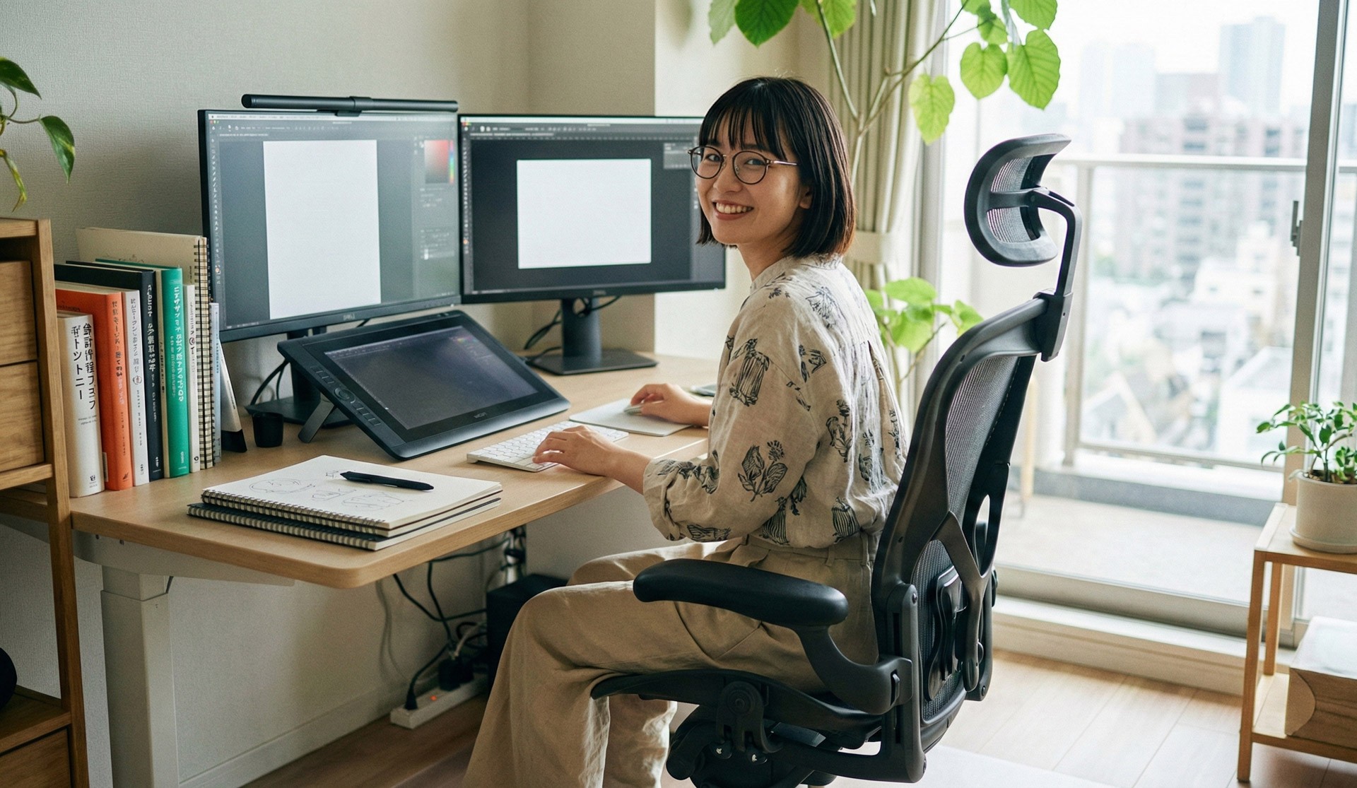 Woman smiling at computer desk with dual monitors in home office setup.