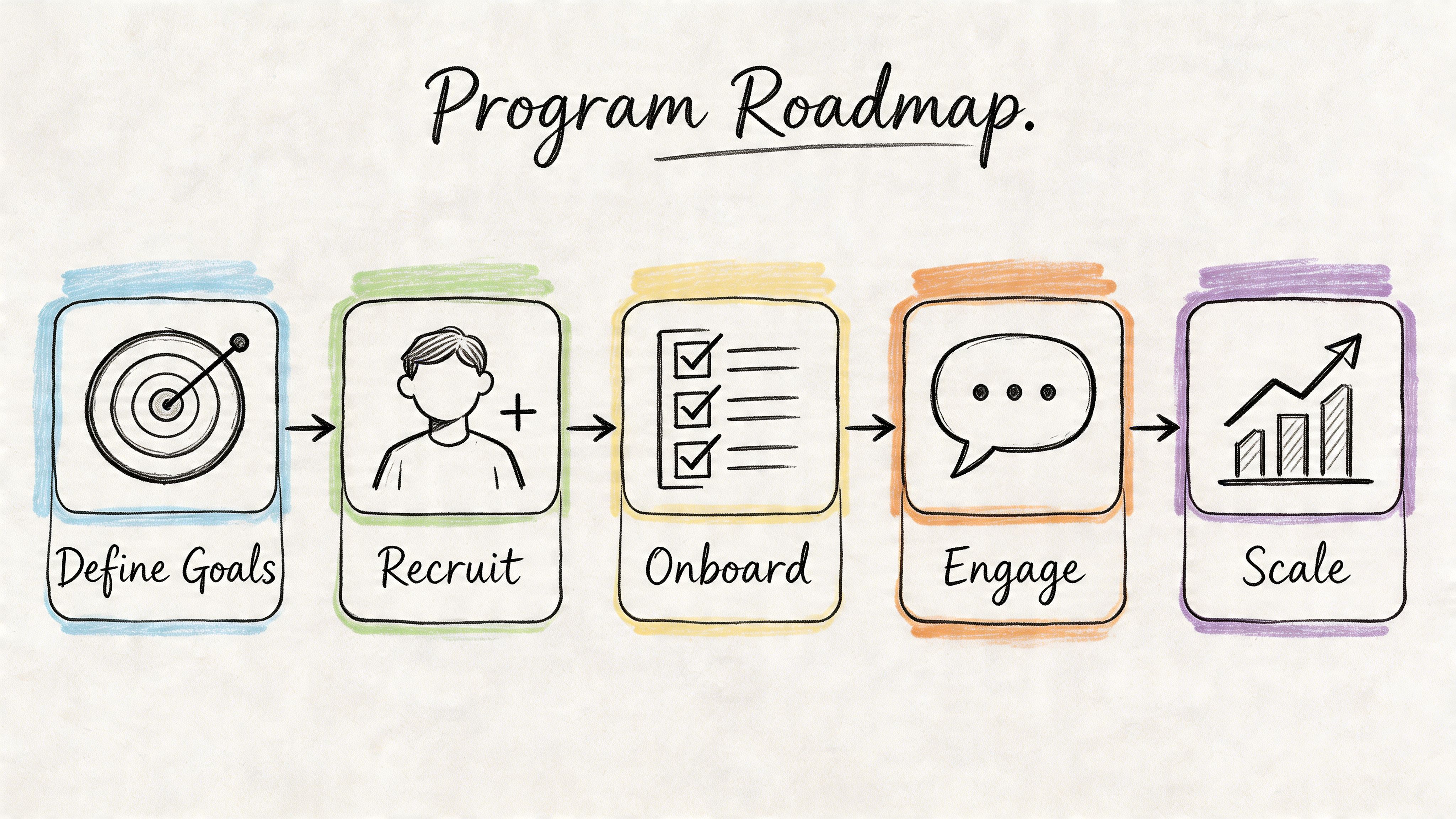 A hand-drawn five-step program roadmap illustration showing goals, recruitment, onboarding, engagement, and scaling processes.
