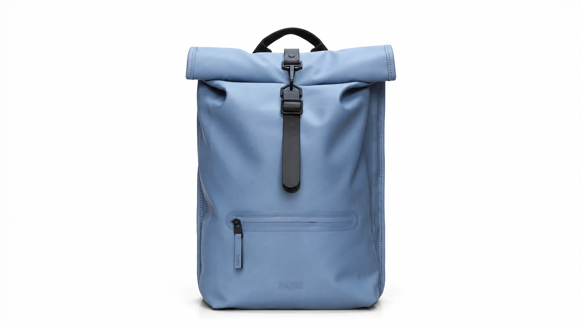 Blue RAINS rolltop backpack on a clean white background