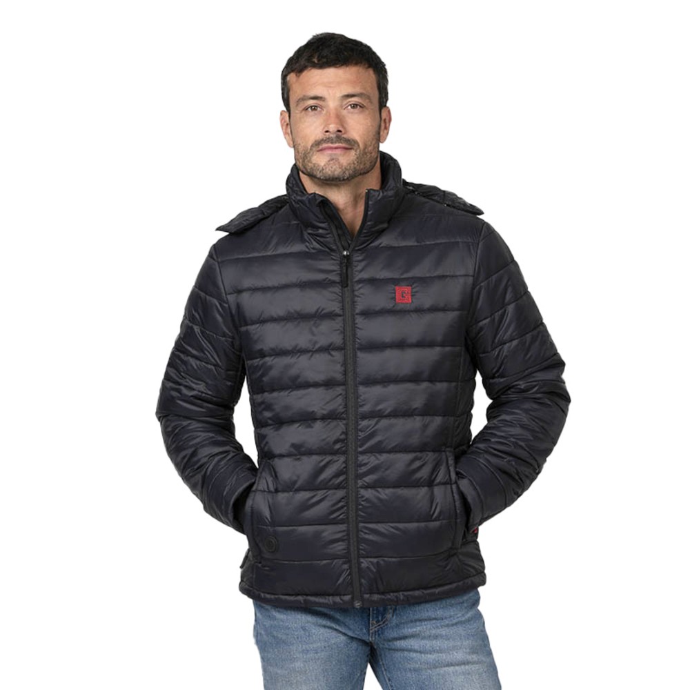 G-Heat Extra-Warm black heated puffer jacket worn from the front by a man with a hood, white background