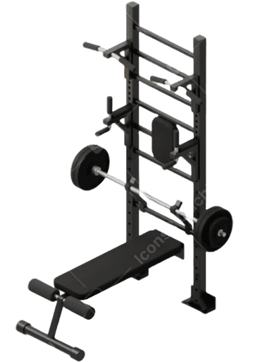 Fitnessgerät, das aus einer Hantelbank, einer Langhantel und einer Klimmzugstange besteht