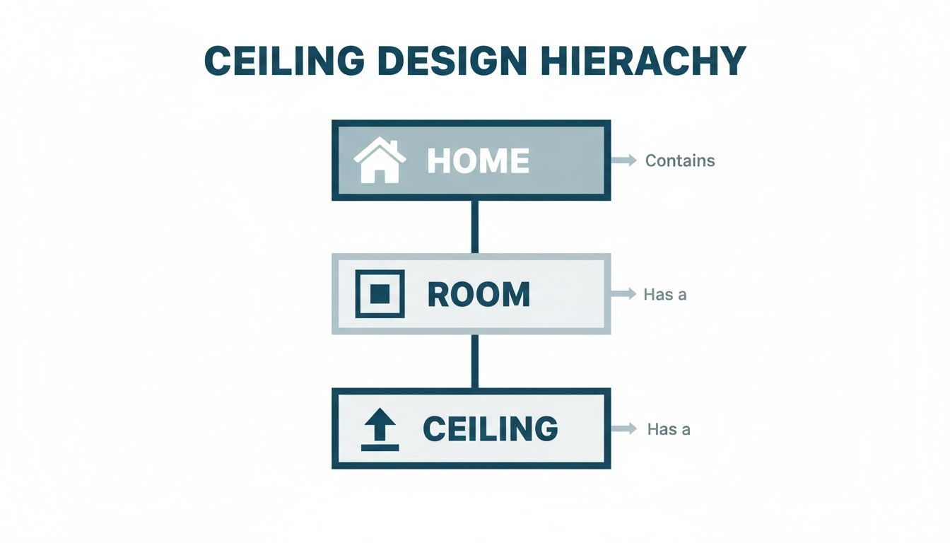 A hierarchical diagram illustrating ceiling design relationships: Home contains Room, and Room has a Ceiling.