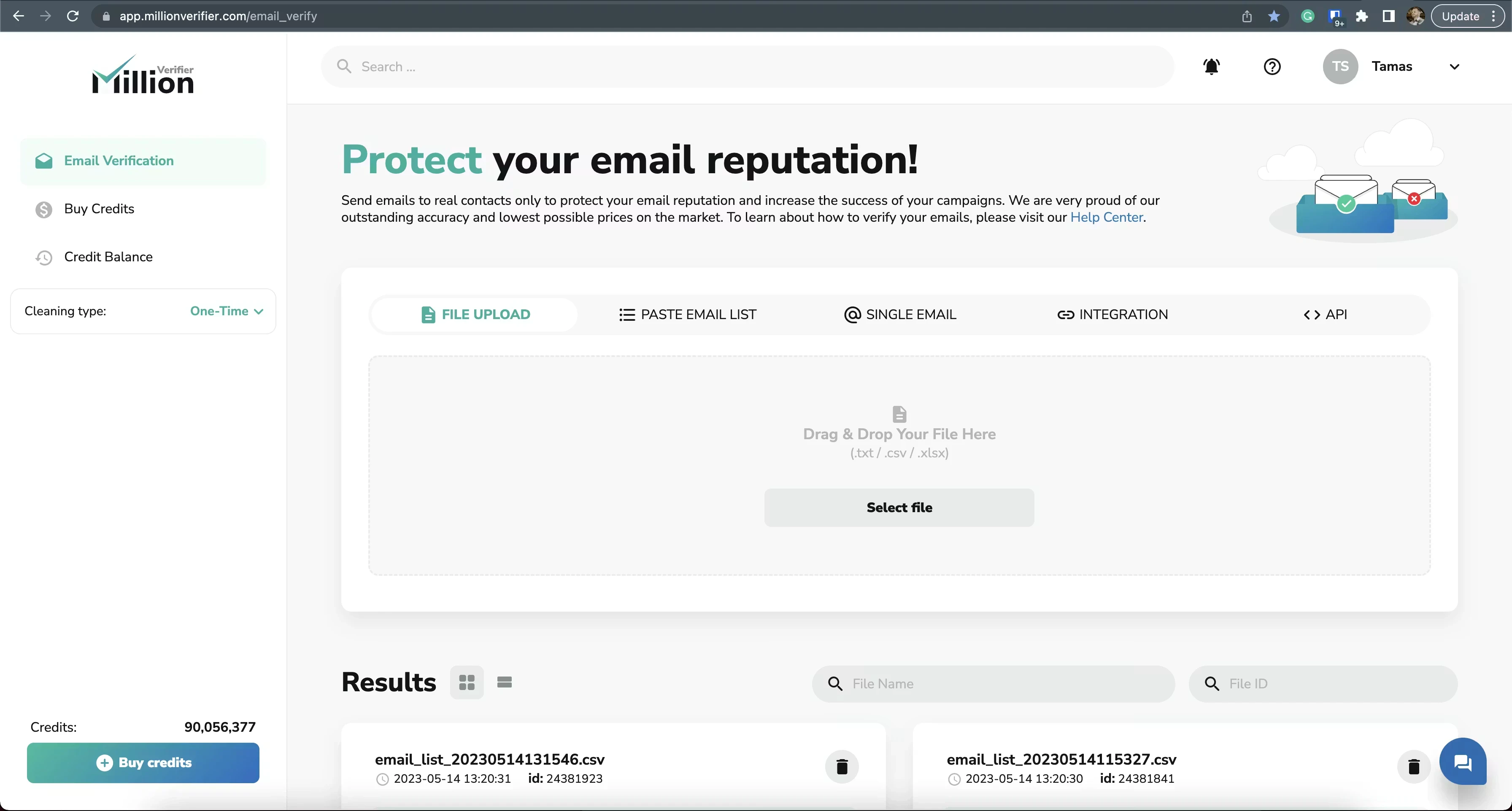 MillionVerifier - pay-as-you-go credit purchase screen with 10k tier visible