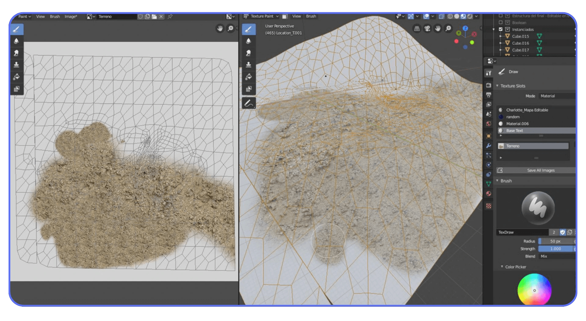Blender texture painting view showing mesh topology and painted surface detail