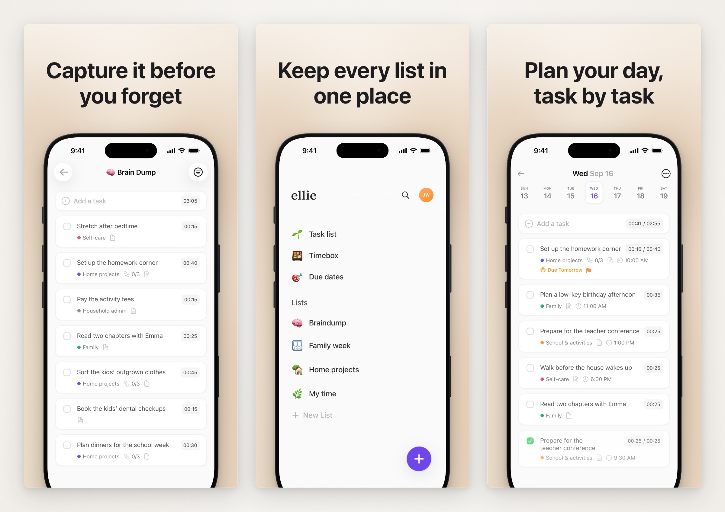 Three App Store slides of the Ellie planner side by side, each with a short headline above an iPhone showing a different Ellie screen