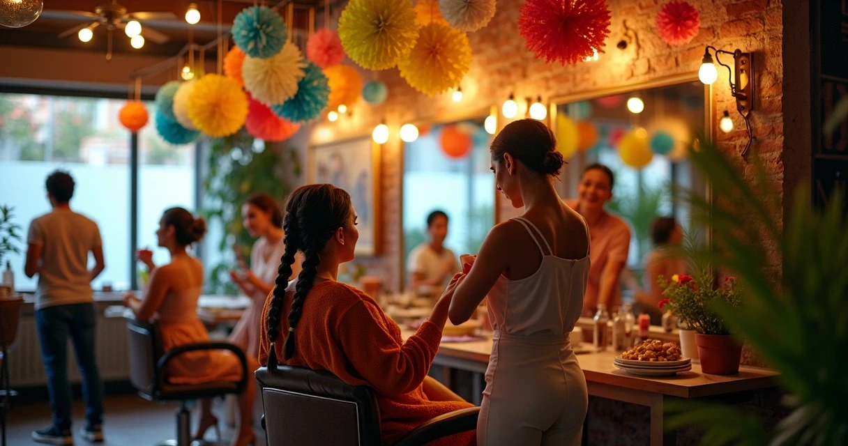 Salão de beleza decorado com bandeiras juninas e clientes se arrumando