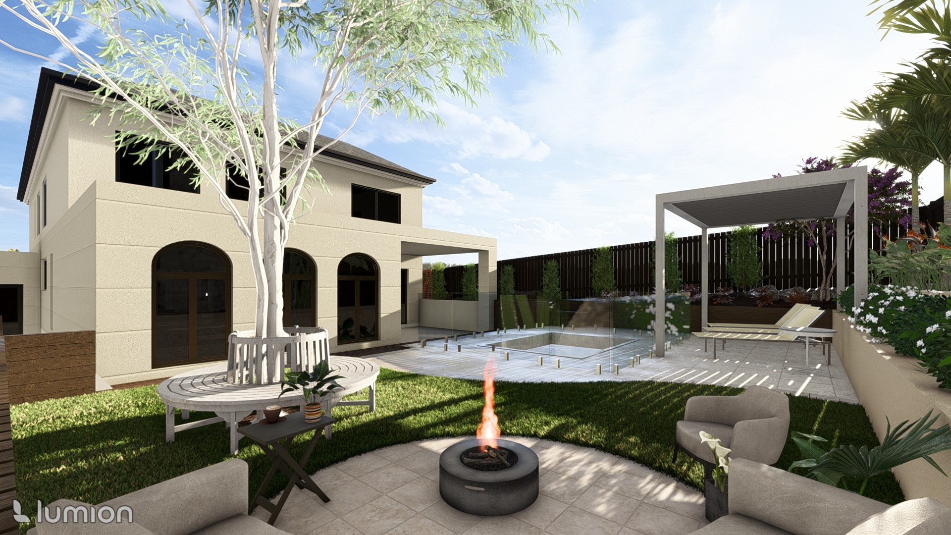 A modern, single-story home with large windows and a balcony overlooking a rocky landscape.
