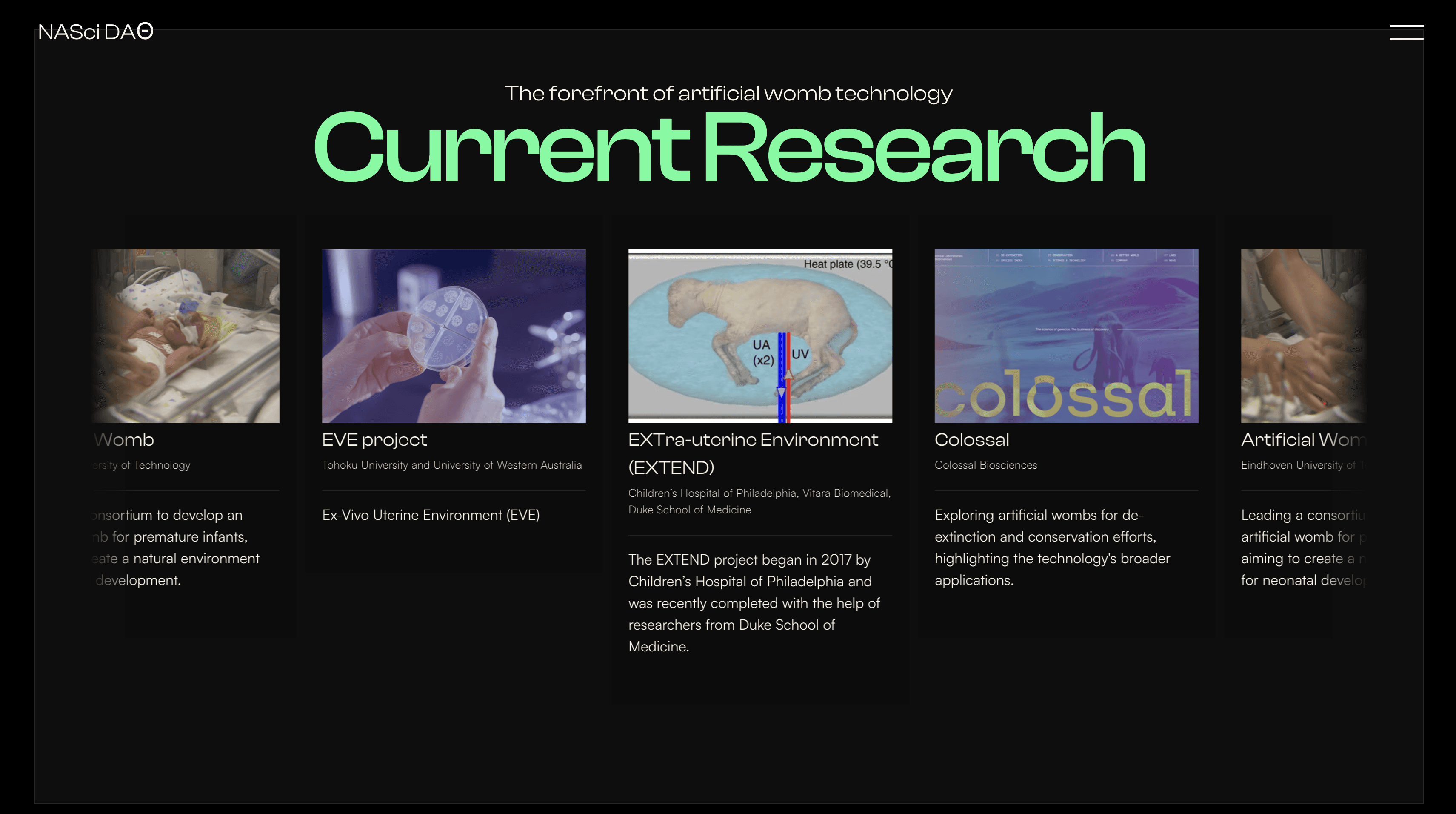 Website layout for Nasci DAO by VaporAviator, showcasing decentralized science initiatives and community engagement features.