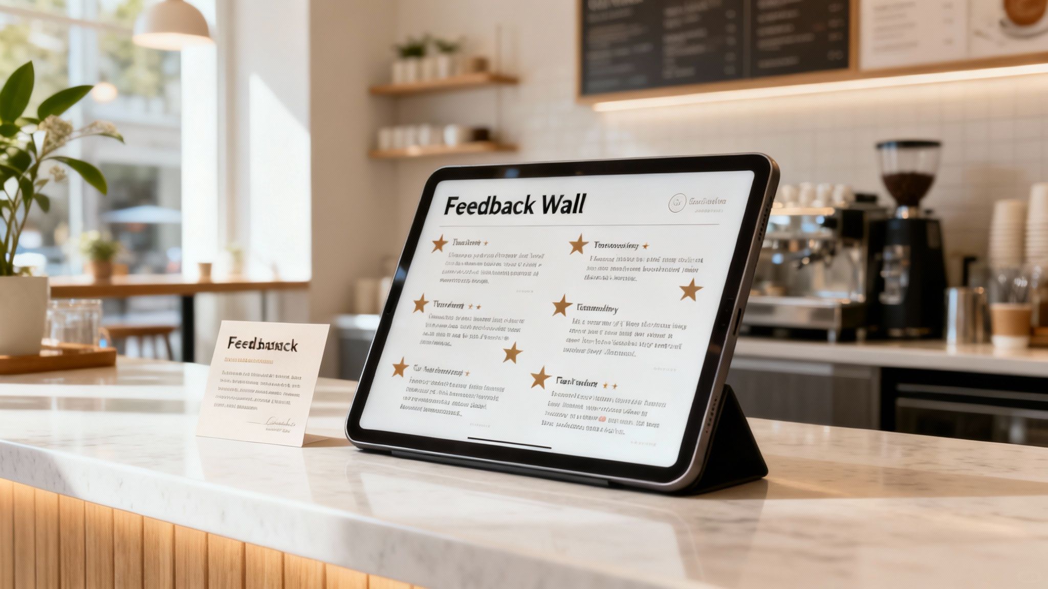 A digital tablet on a cafe counter displaying a 'Feedback Wall' with customer reviews and star ratings, enhancing online reputation.