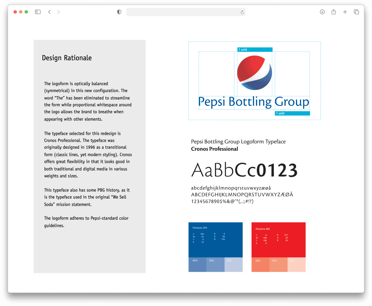 The Pepsi Bottling Group - PBG - Logo refresh page including geometry, color, spacing and rationale explanation.