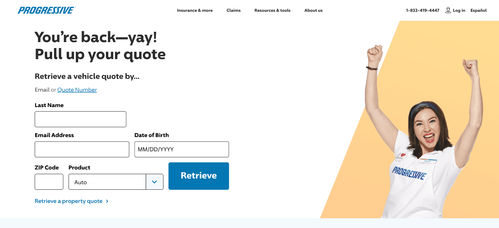 Progressive quote retrieval page for returning visitors with an unfinished insurance quote.