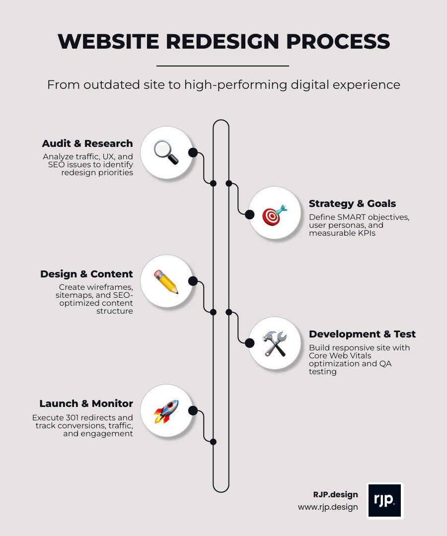 Infographic showing the website redesign process from audit to post-launch monitoring infographic