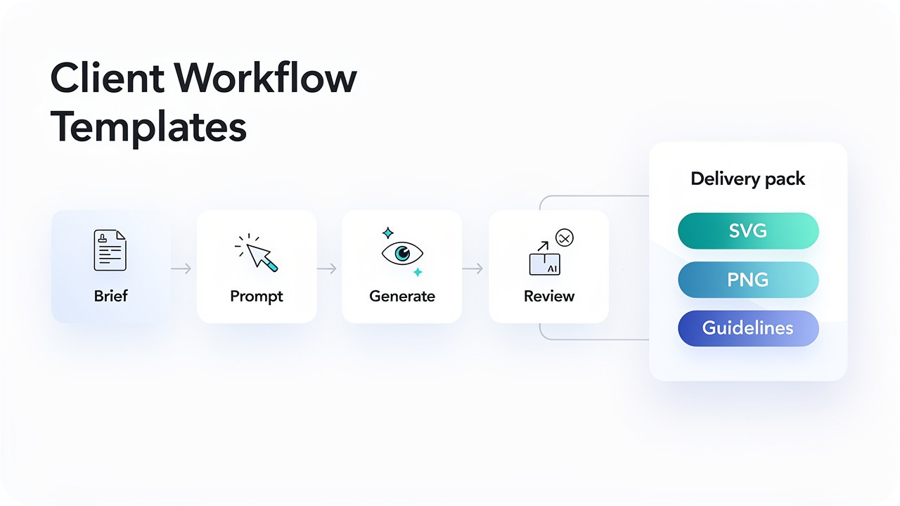 Step-by-step workflow diagram from client brief to prompt and final SVG delivery pack with SVG and PNG exports