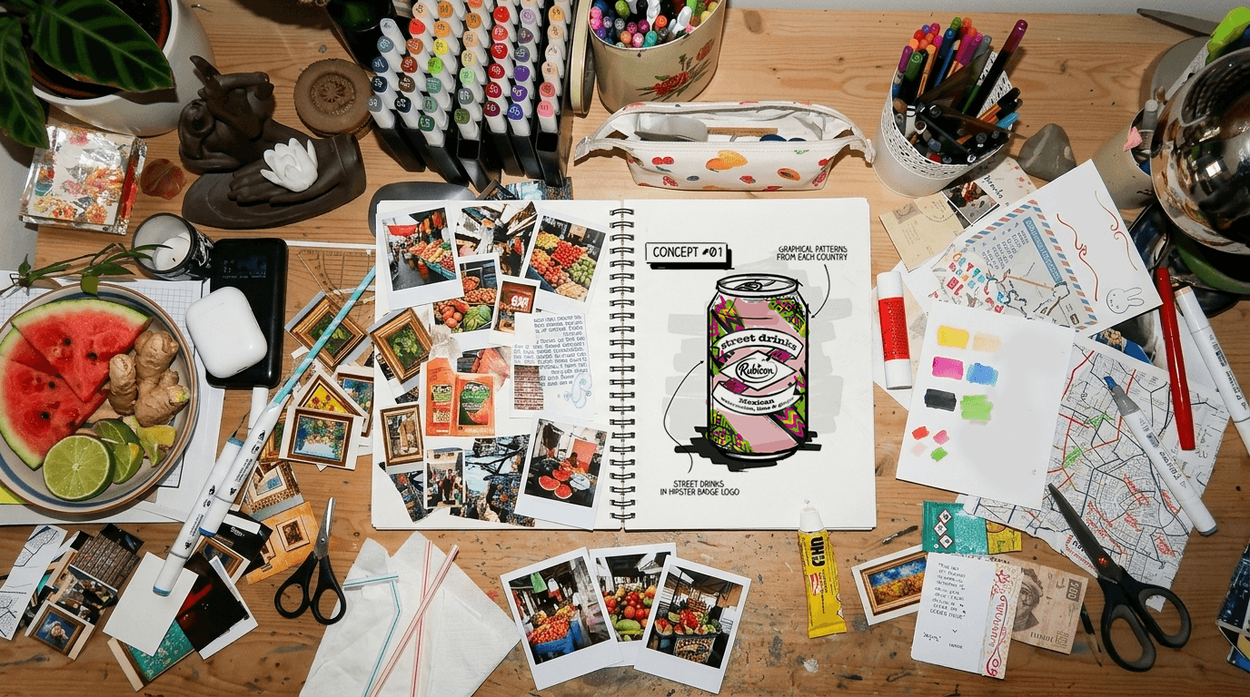 Rubicon Street Drinks innovation concept sketches — Sarah McDonnell brand strategy