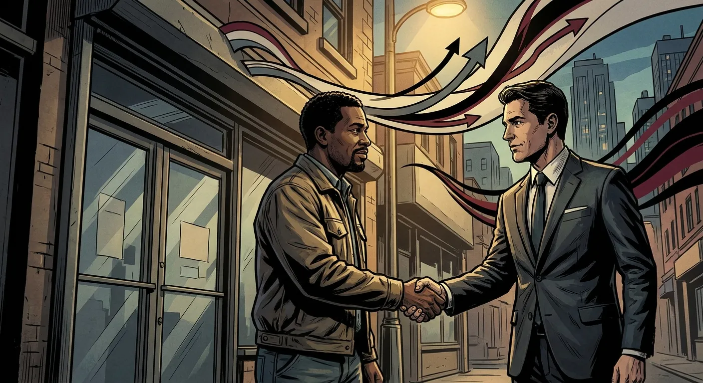 Two men shake hands on an urban street; RockN' Socials Digital Marketing.